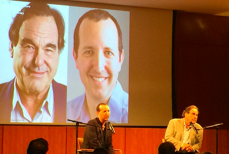 Snowden lawyer Ben Wizner (L) and director Oliver Stone speak at the Brooklyn Public Library on September 11, 2016.