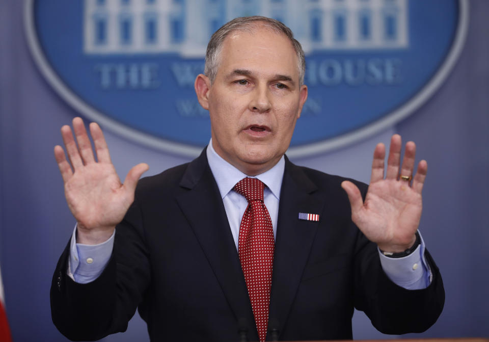 Environmental Protection Agency Administrator Scott Pruitt, speaking to the media. (Photo: Pablo Martinez Monsivais/AP)