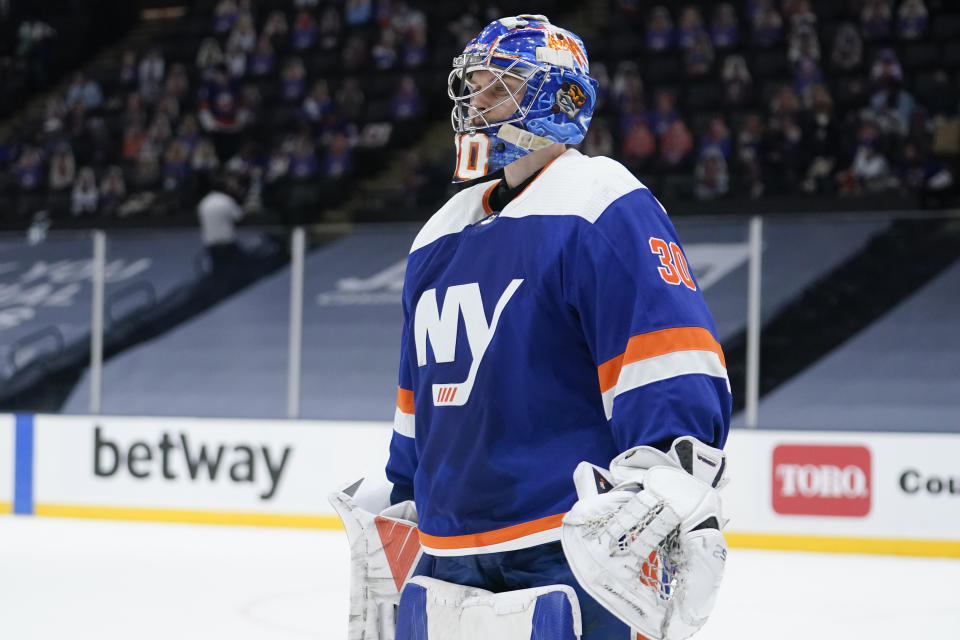 New York Islanders goaltender Ilya Sorokin (30) leaves the ice after an NHL hockey game against the Washington Capitals Saturday, April 24, 2021, in Uniondale, N.Y. The Capitals won 6-3. (AP Photo/Frank Franklin II)