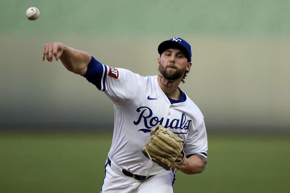 Kansas City Royals starting pitcher Alec Marsh throws during the first inning of a baseball game against the Toronto Blue Jays Wednesday, April 24, 2024, in Kansas City, Mo. (AP Photo/Charlie Riedel)