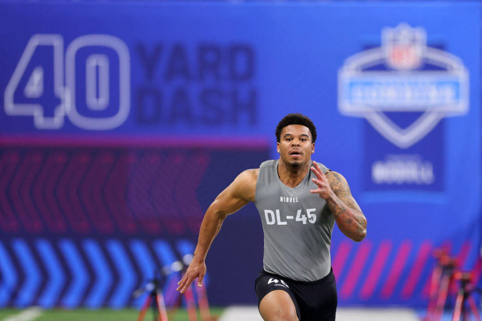 Defensive end Chop Robinson of Penn State participates in the 40-yard dash during the NFL Combine at Lucas Oil Stadium on February 29, 2024 in Indianapolis, Indiana. / Credit: Getty Images