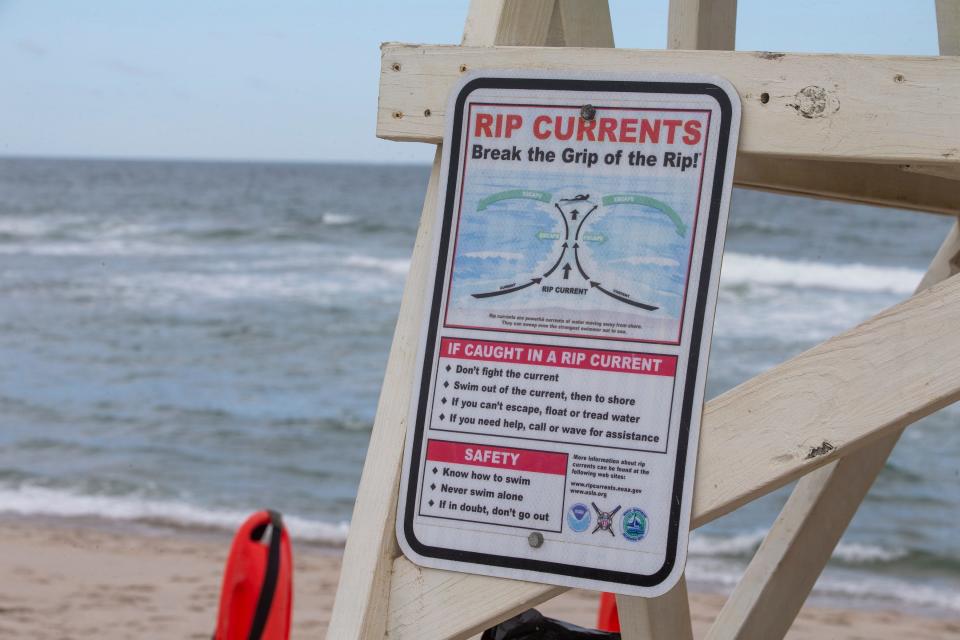 A sign at Brick Beach III warns of rip currents in Brick Township, NJ, on Thursday, June 23, 2022.