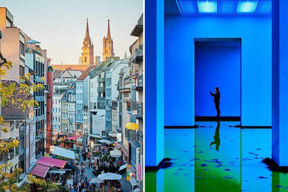 Two scenes from Basel, including a view of the Cathedral along Steinenvorstadt St, and a man in blue and green art installation by Olafur Eliasson