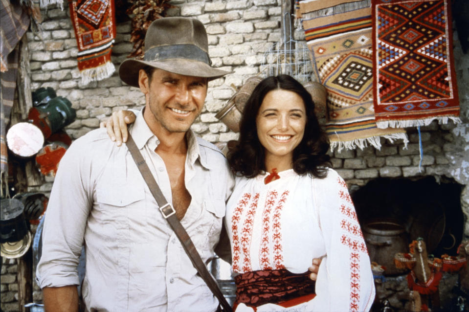 American actor Harrison Ford and actress Karen Allen on the set of 