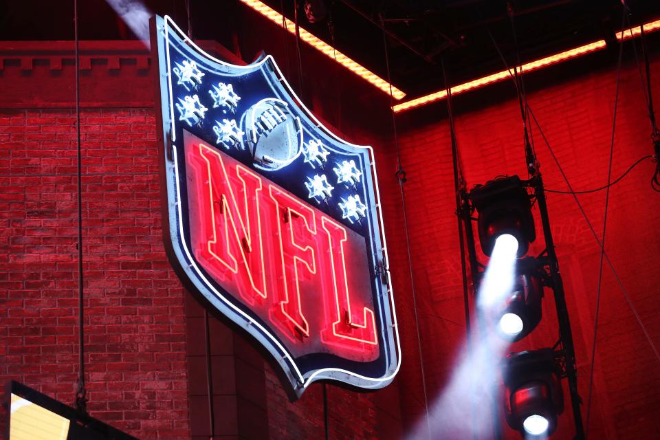 A general view of the NFL logo on the main stage during the second round of the NFL football draft.