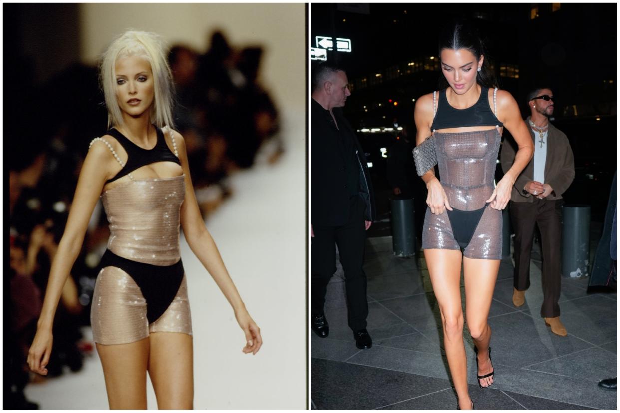 Model Nadja Auermann walks the Chanel spring/summer 1994 runway (left) and Kendall Jenner at the Met Gala 2023 after party (right). (Getty Images)