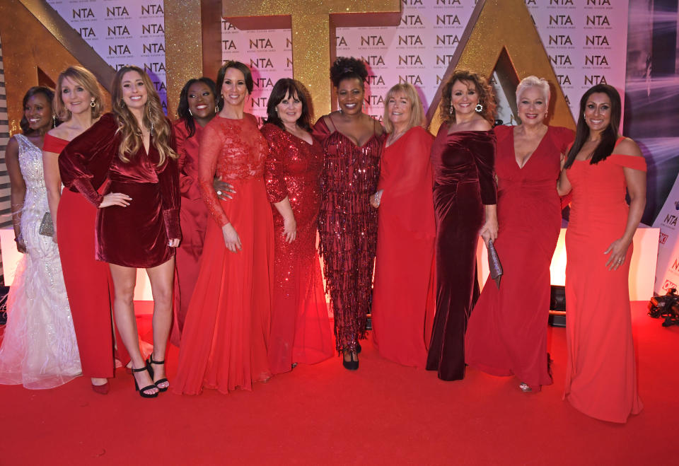 LONDON, ENGLAND - JANUARY 28: (L to R) Kelle Bryan, Kaye Adams, Stacey Solomon, Judi Love, Andrea McLean, Coleen Nolan, Brenda Edwards, Linda Robson, Nadia Sawalha, Denise Welch and Saira Khan of Loose Women attend the National Television Awards 2020 at The O2 Arena on January 28, 2020 in London, England. (Photo by David M. Benett/Dave Benett/Getty Images)