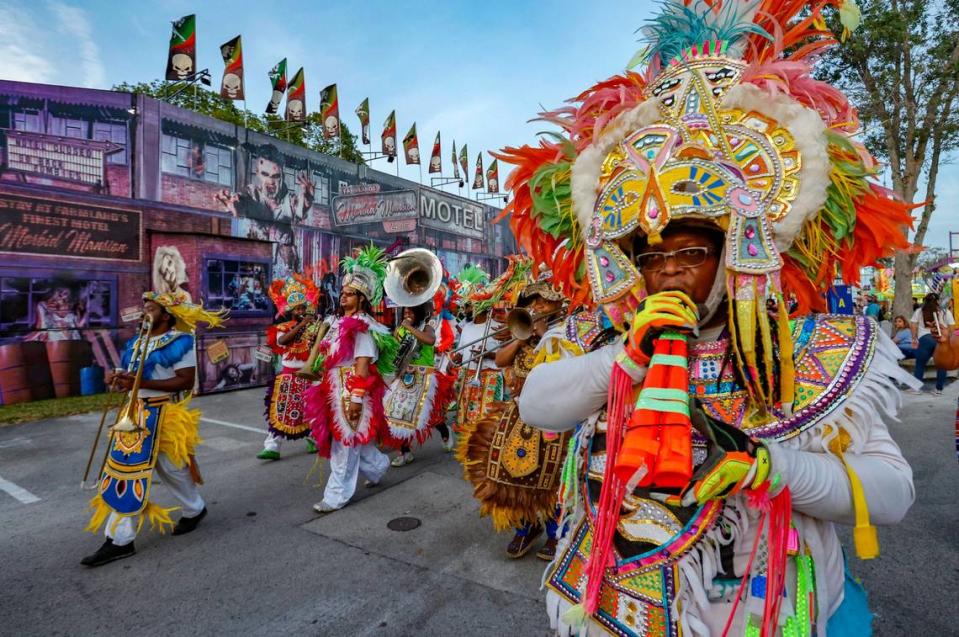 The Junkanoo Rhythms Band performs on the parade route during the 2024 Miami-Dade County Youth Fair & Exposition. The theme of the 72nd edition is “Spaceventure,” held in Miami on Thursday, March 14, 2024.
