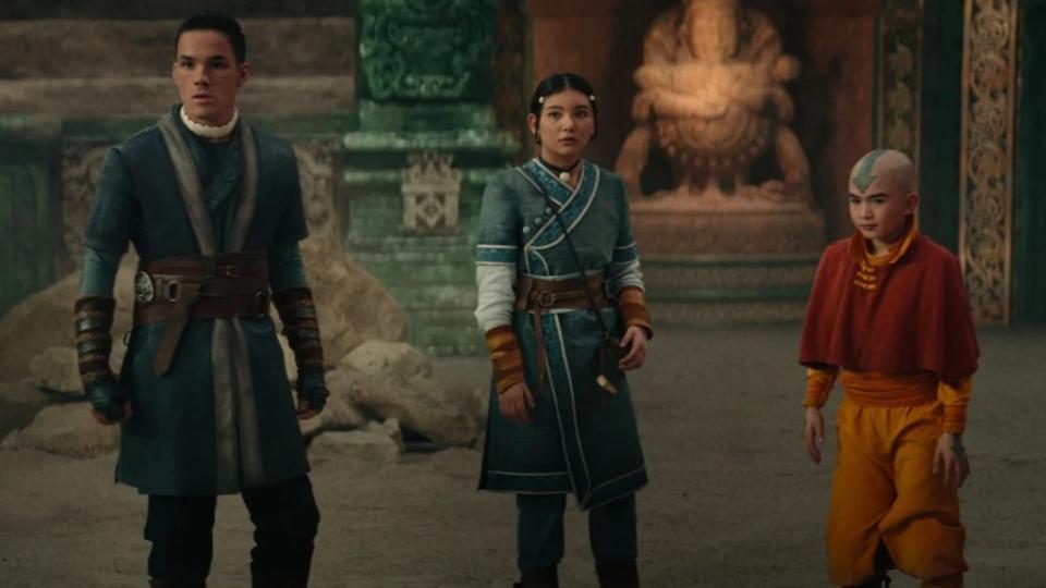 Ian Ousley as Sokka, Kiawentiio as Katara and Gordon Cormier as Aang in Netflix's "Avatar: The Last Airbender"