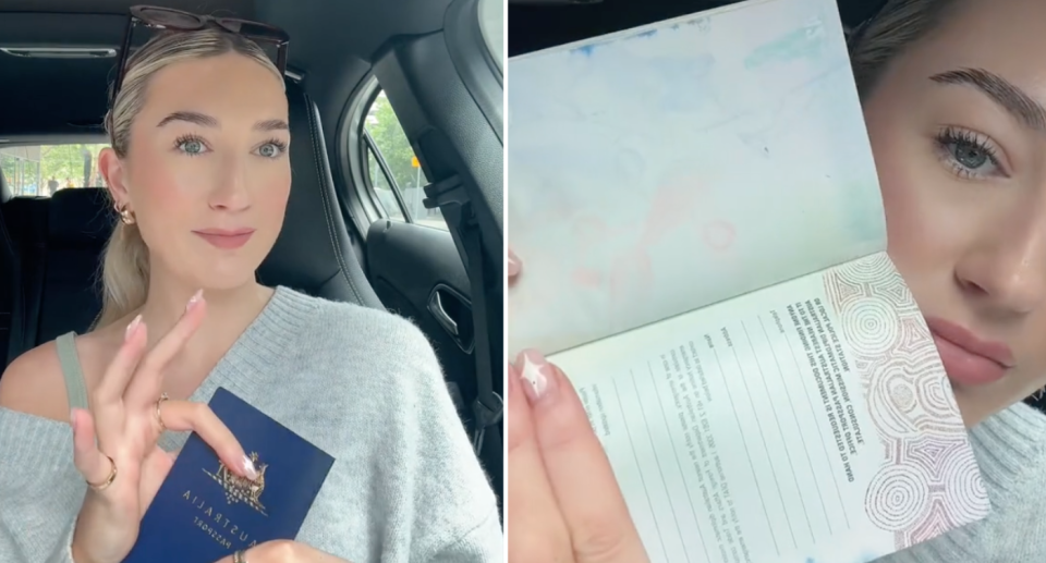 Left image a screenshot from Charlotte's TikTok of her talking, holding her Australian passport. Right image is a close up of her passport with the minor water damage.