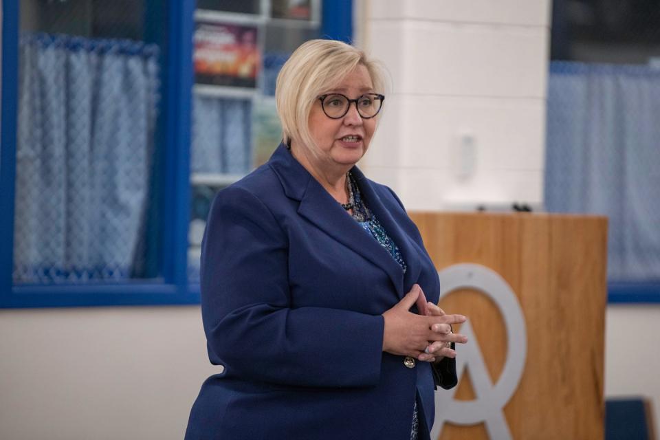 Barbara Kimzey, chief schools officer fof Norfolk Public Schools in Norfolk Virginia, speaks during a community meeting at Pueblo Central High School on Tuesday, April 16, 2024. Kimzey is one of three finalists for the Pueblo School District 60 superintendent post.