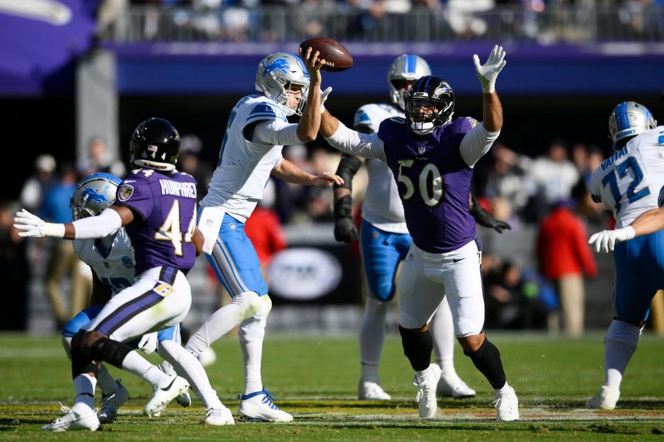 Baltimore Ravens linebacker Kyle Van Noy (50) rushes Detroit Lions quarterback Jared Goff during the second half at M&T Bank Stadium in Baltimore on Sunday, Oct. 22, 2023.