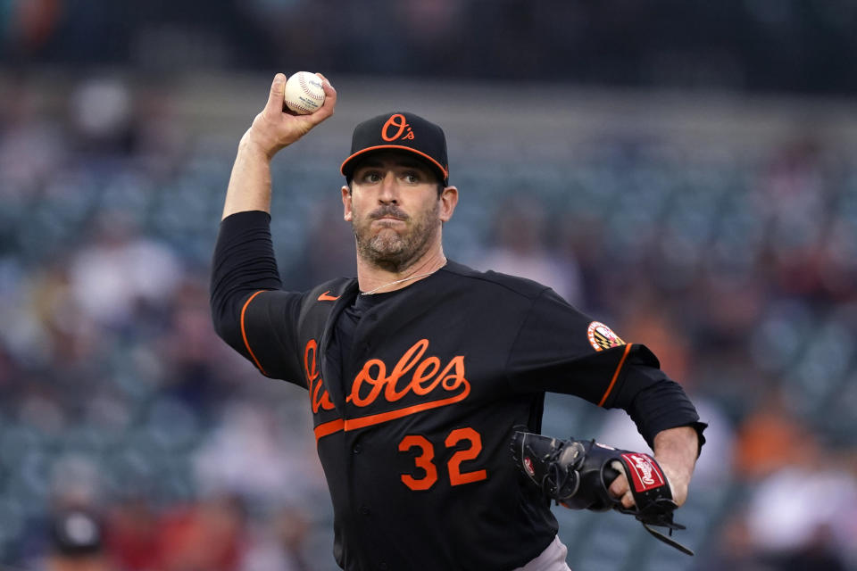 Baltimore Orioles starting pitcher Matt Harvey throws to first in a pickoff attempt during the fifth inning of a baseball game against the Detroit Tigers, Friday, July 30, 2021, in Detroit. (AP Photo/Carlos Osorio)