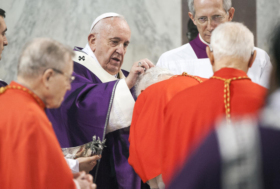 VATICAN CITY, VATICAN - FEBRUARY 26: Pope Francis leads the Ash Wednesday mass which opens Lent, the forty-day period of abstinence and deprivation for Christians before Holy Week and Easter, on February 26, 2020 in Vatican City, Vatican. (Photo by Vatican Pool - Corbis/Corbis via Getty Images)