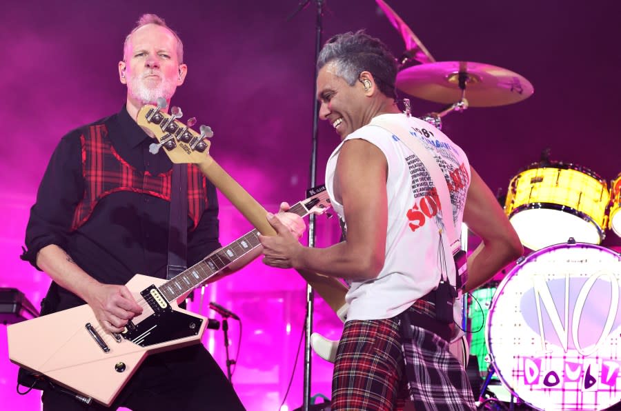INDO-CA-APRIL 13, 2024: Tom Dumont, left, and Tony Kanal of No Doubt perform at Coachella on Saturday, April 13, 2024. (Christina House / Los Angeles Times via Getty Images)