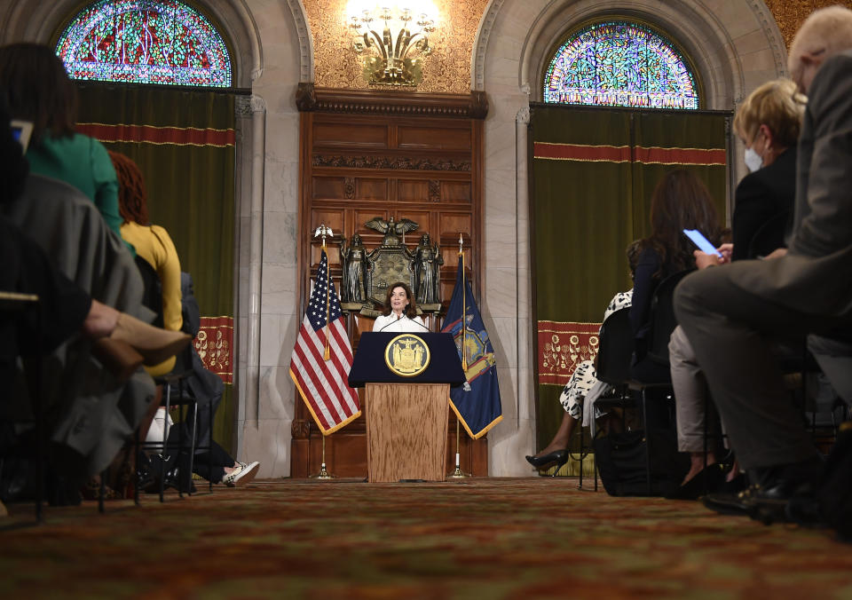 New York Gov. Kathy Hochul speaks to reporters after a ceremonial swearing-in ceremony at the state Capitol, Tuesday, Aug. 24, 2021, in Albany, N.Y. (AP Photo/Hans Pennink)