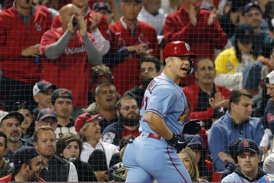 St. Louis Cardinals' Tyler O'Neill celebrates after his solo home run during the sixth inning of a baseball game against the Boston Red Sox, Saturday, June 18, 2022, in Boston. (AP Photo/Michael Dwyer)