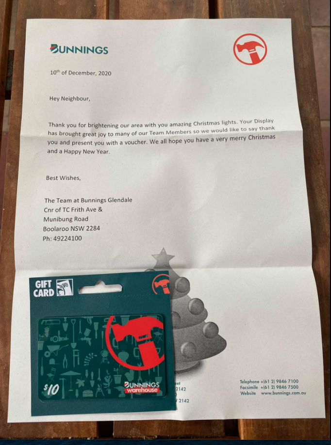 Bunnings letter and voucher over Christmas lights