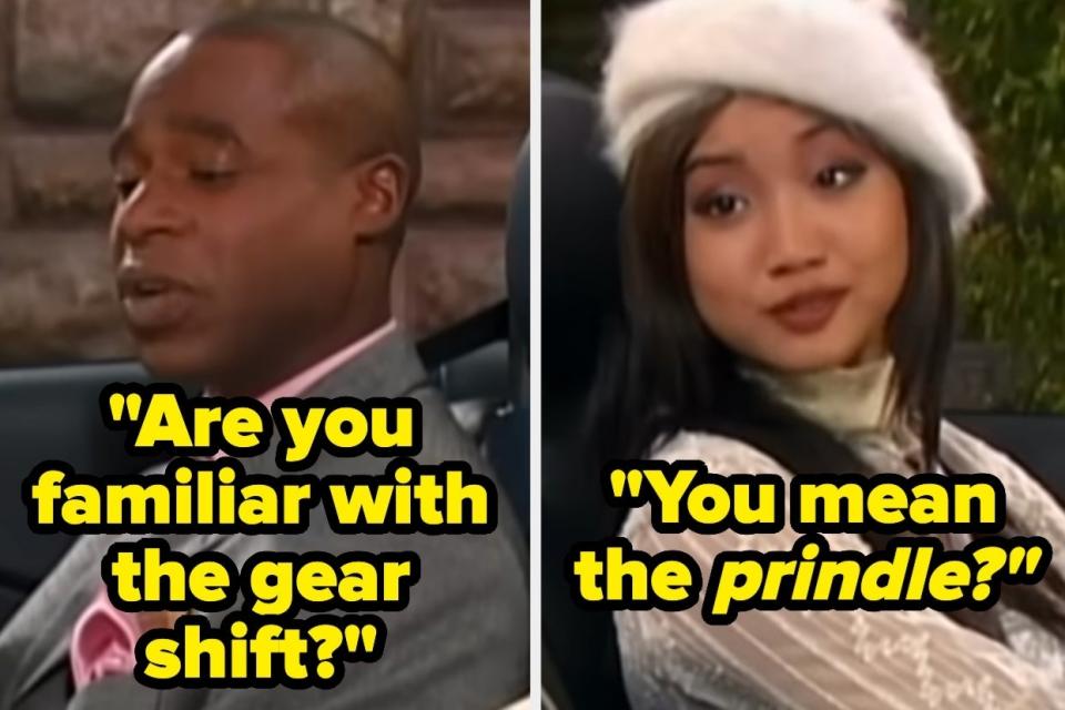 Phil Lewis asks, "Are you familiar with the gear shift?" Brenda Song responds, "You mean the prindle?"