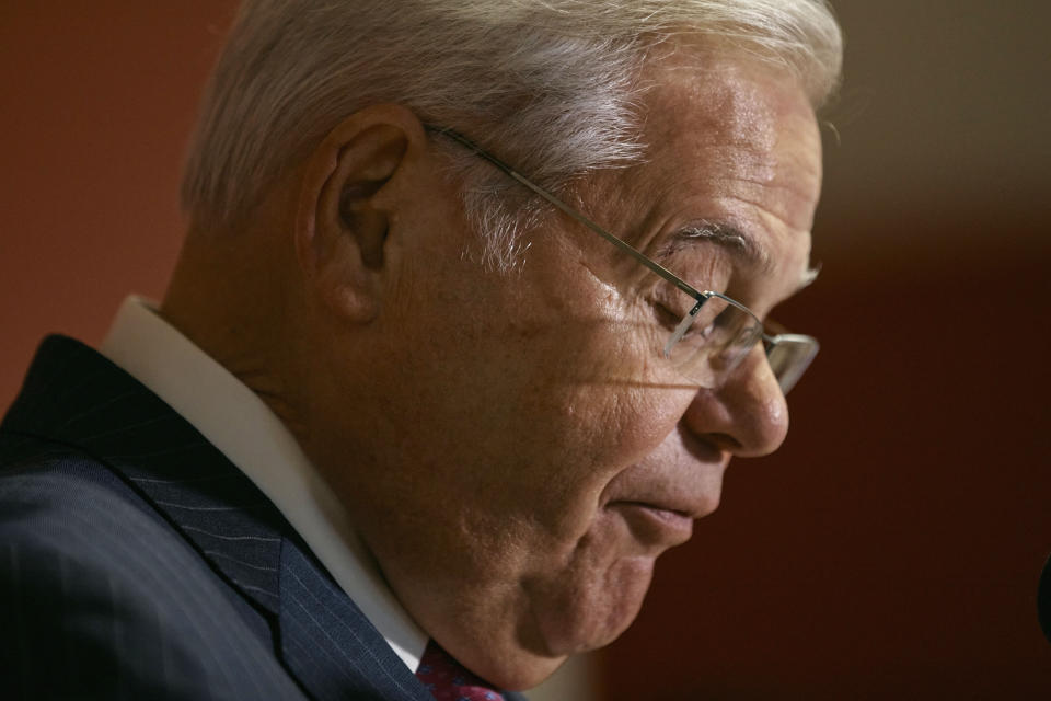 Sen. Bob Menendez speaks during a press conference on Monday, Sept. 25, 2023, in Union City, N.J. Menendez and his wife have been indicted on charges of bribery. (AP Photo/Andres Kudacki)