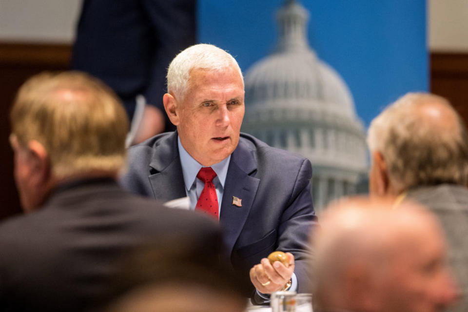 Former Vice President Mike Pence speaks to attendees at "Politics &aEggs" at the New Hampshire Institute Politics at St. Anselm College on Aug. 17, 2022 in Manchester, N.H.<span class="copyright">Scott Eisen—Getty Images</span>