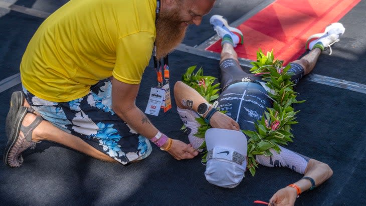 <span class="article__caption">Anne Haug shortly after finishing. </span>(Photo: Donald Miralle/Getty/IRONMAN)