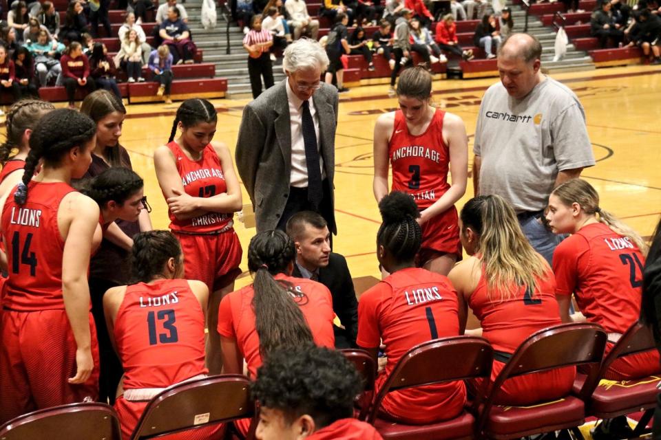 Anchorage Christian School’s Lady Lions, led by coach Chad Dyson, were one game away from the state tournament when it was canceled due to coronavirus. (Photo courtesy of Christy Rutter)