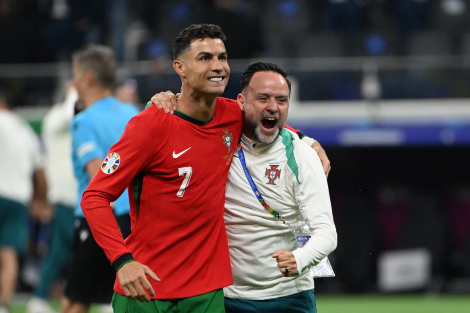 FRANKFURT, GERMANY - JULY 01: Ronaldo (L) of Portugal celebrates after a penalty goal during the UEFA EURO 2024 round of 16 match between Portugal and Slovenia at Deutsche Bank Park in Frankfurt, Germany on July 1, 2024. (Photo by Gokhan Balci/Anadolu via Getty Images)