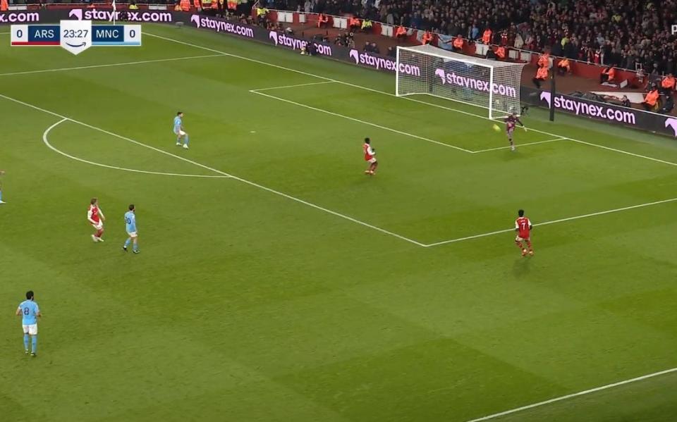 Ederson sends a long ball forward against Arsenal last season