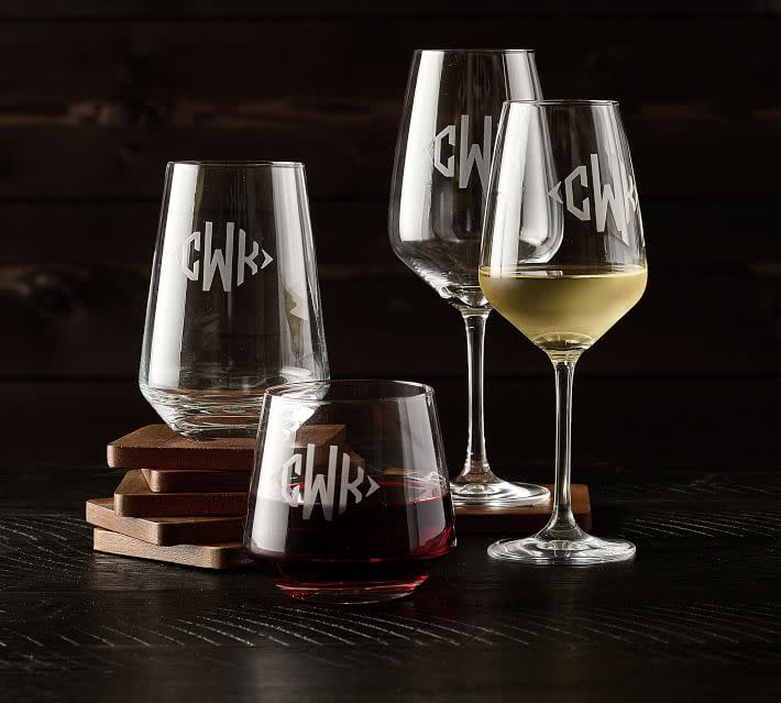 <p><a href="https://www.potterybarn.com/products/schott-zwiesel-taste-stemware" rel="nofollow noopener" target="_blank" data-ylk="slk:Shop Now;elm:context_link;itc:0;sec:content-canvas" class="link ">Shop Now</a></p><p>Personalized Wine Glasses</p><p>potterybarn.com</p><p>$90.00</p><span class="copyright">Schott Zwiesel</span>