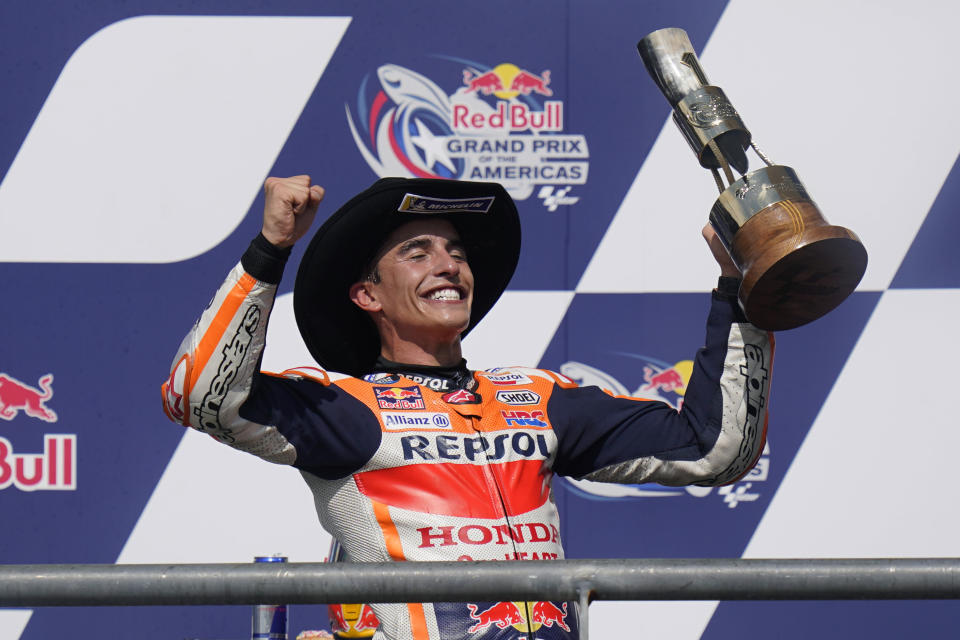 Spain's Marc Marquez (93) celebrates his win at the MotoGP Grand Prix of the Americas motorcycle race at Circuit of the Americas, Sunday, Oct. 3, 2021, in Austin, Texas. (AP Photo/Eric Gay)