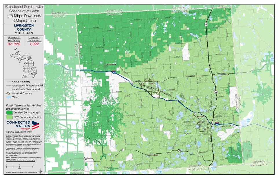 A map of Livingston County shows which areas of the county had access to fixed broadband service with speeds of at least 25 Mbps as of Sept. 30, 2020.