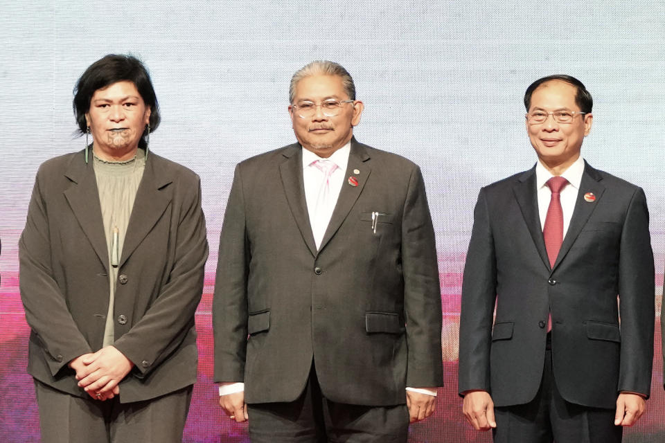 New Zealand's Foreign Minister Nanaia Mahuta, left, Brunei's Second Minister of Foreign Affair Erywan Yusof, center, and Vietnam's Foreign Minister Bui Thanh Son pose for a group photo during the ASEAN Post Ministerial Conference with New Zealand at the Association of Southeast Asian Nations (ASEAN) Foreign Ministers' Meeting in Jakarta, Indonesia, Thursday, July 13, 2023. (AP Photo/Achmad Ibrahim, Pool)