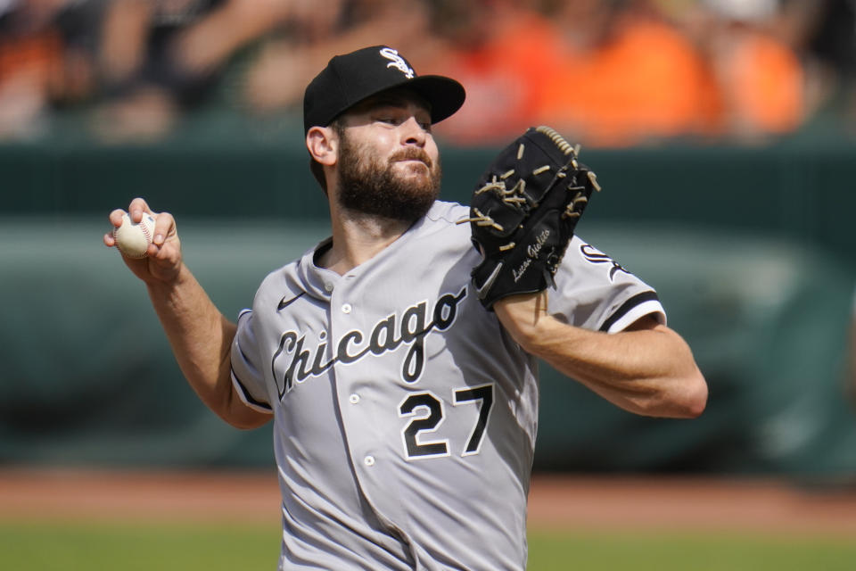 Chicago White Sox starting pitcher Lucas Giolito throws a pitch to the Baltimore Orioles during the second inning of a baseball game, Saturday, July 10, 2021, in Baltimore. (AP Photo/Julio Cortez)