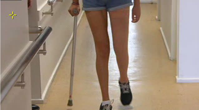 Denique Peace gives her new leg a test run. Picture: 7News