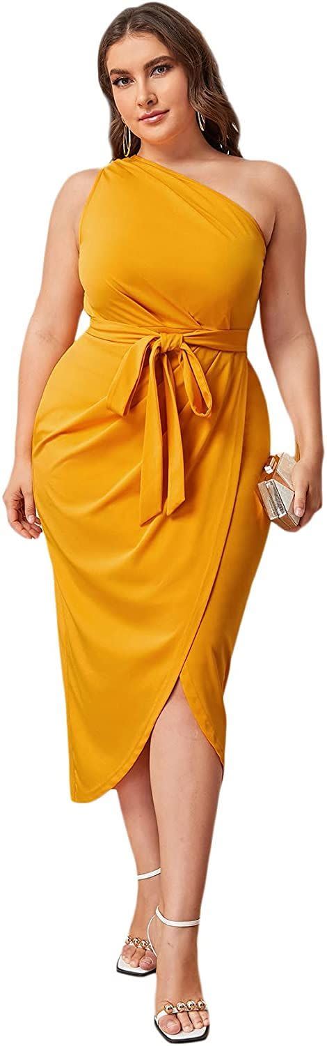 9) Plus-Size One-Shoulder Belted Wrap Midi Dress