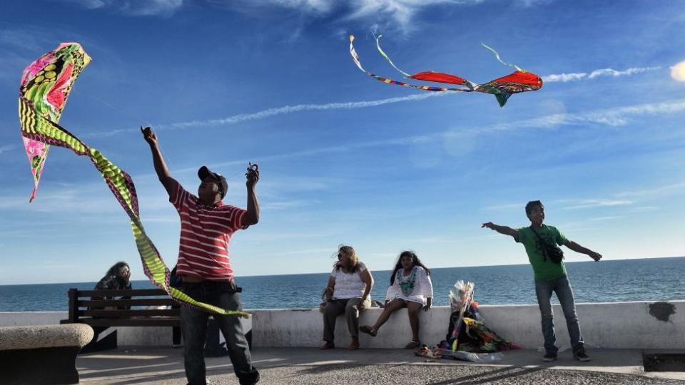 Niños elevando cometas.