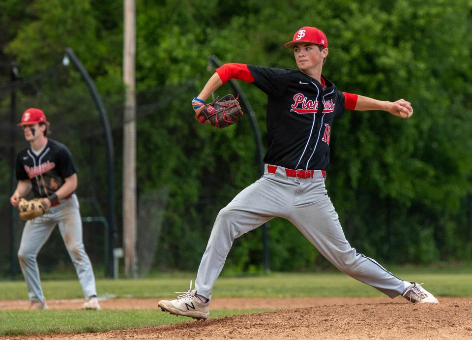 St. John’s Brady Shea pitches in the eighth inning against Waltham Monday, June 5, 2023.