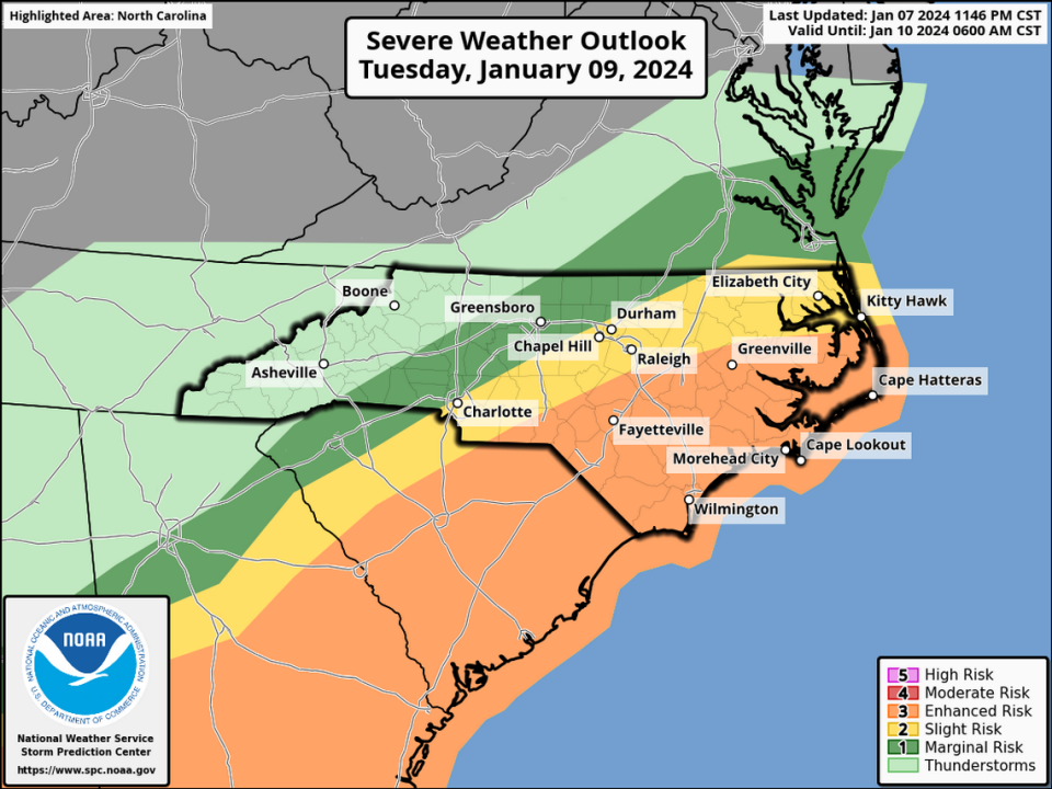 A winter storm moving from South Carolina into North Carolina Tuesday has the potential for severe weather.