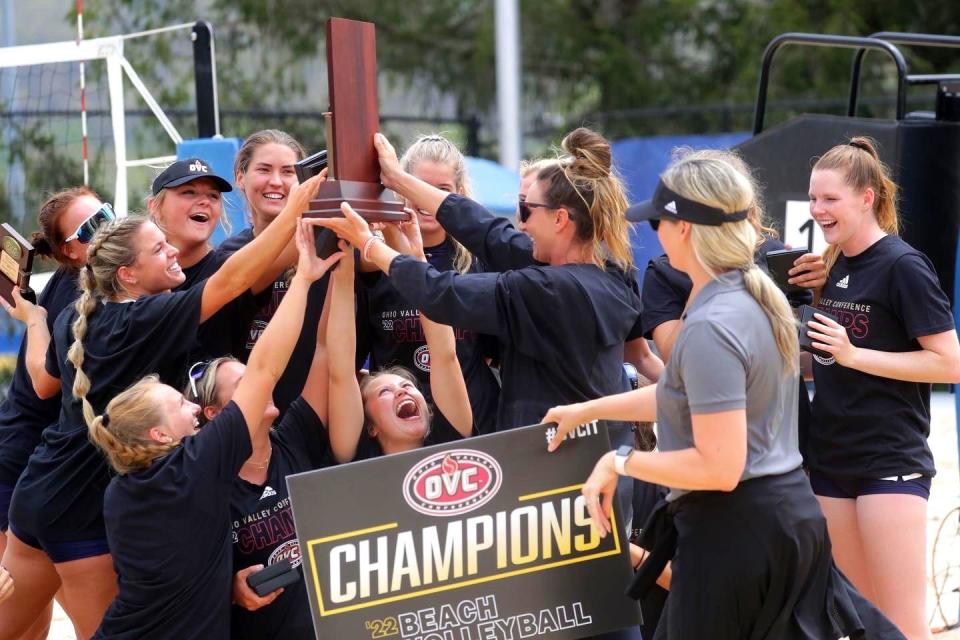 The University of Tennessee-Martin beach volleyball celebrate winning the Ohio Valley Conference championship on Saturday, April 30, 2022 from Morehead, Ky..