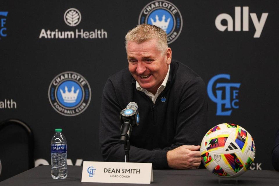 Charlotte FC’s new head coach Dean Smith is introduced during a press conference at Atrium Health Performance Park on Monday, December 18, 2023.