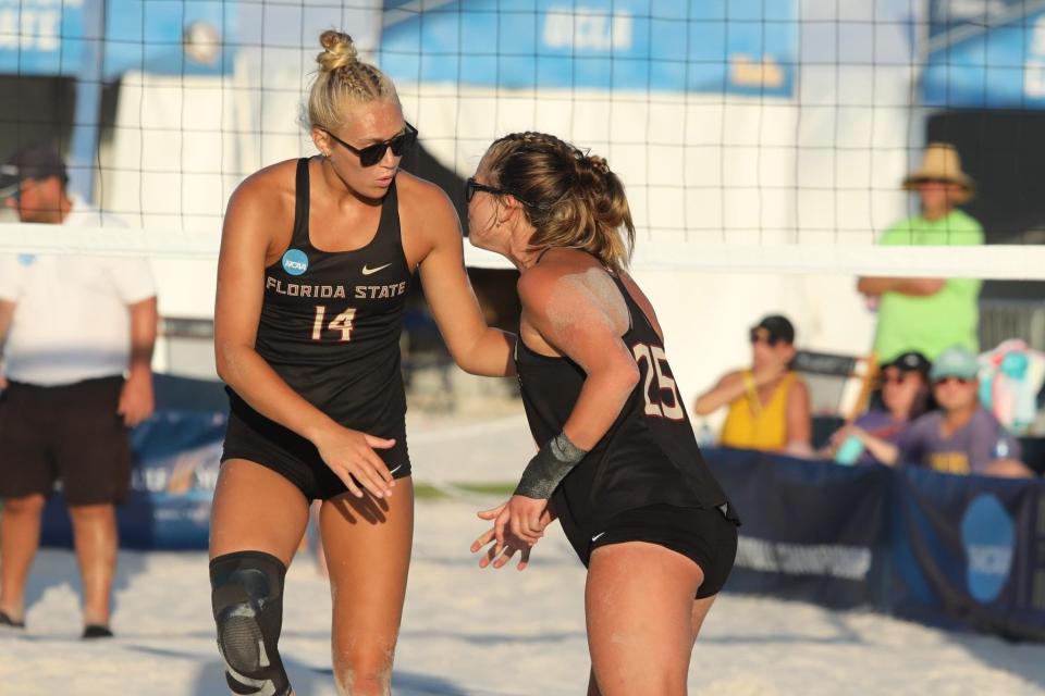 Anna Long, left, with doubles partner Kate Privett between points during the NCAA Tournament.