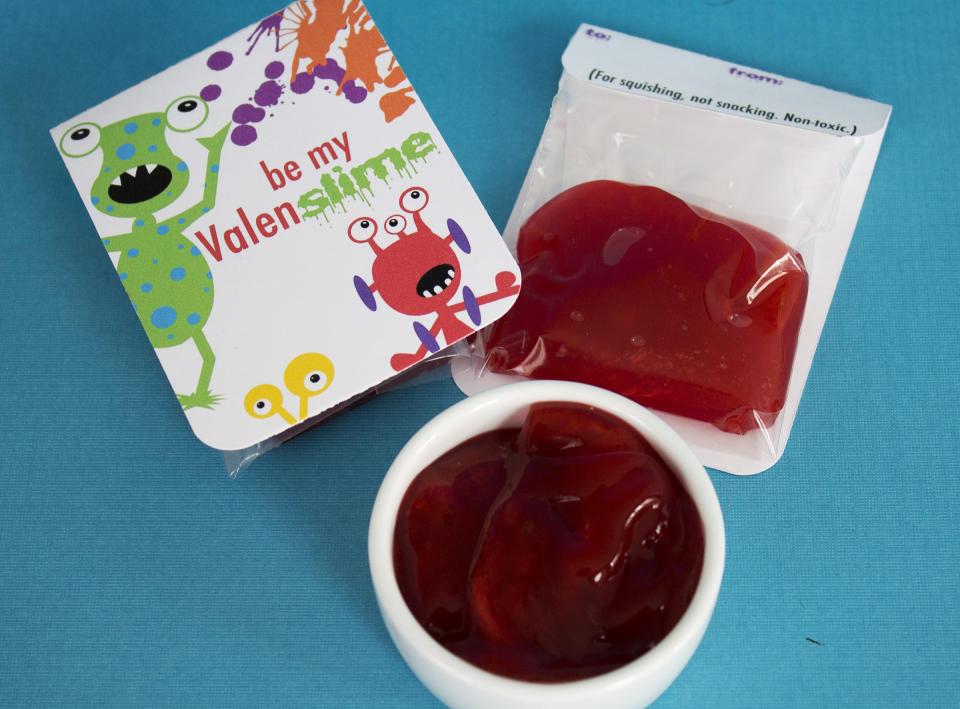 This Jan. 17, 2013 photo shows a handmade Valentine's Day card appropriate for young boys who may find the usual hearts and flowers too lovey-dovey, in Concord, N.H. Made with just two ingredients, Metamucil and water, this homemade "slime" is a fun, non-toxic alternative to candy. (AP Photo/Holly Ramer)