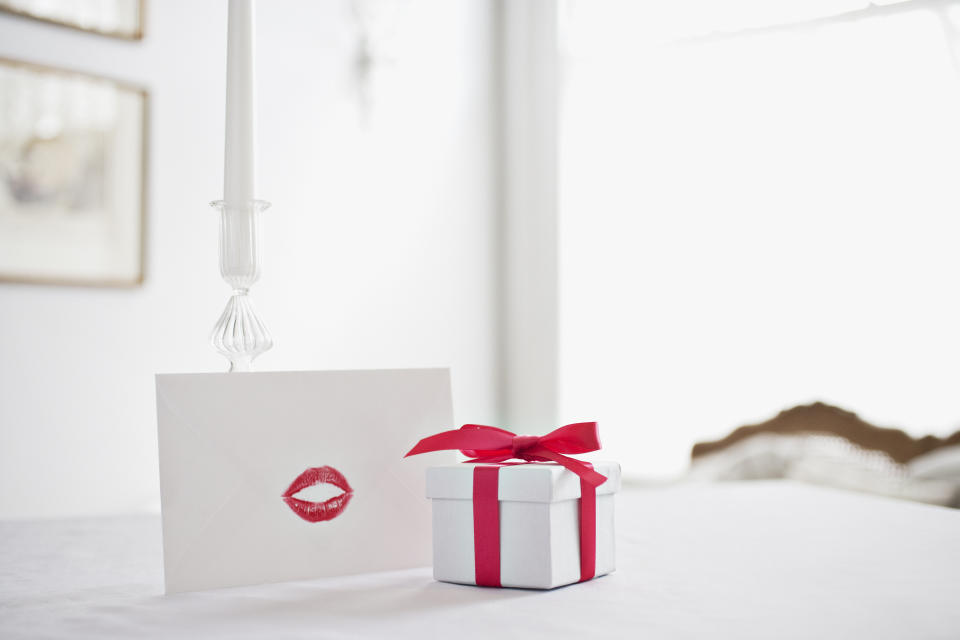 Valentine's Day box and card with a kiss mark.