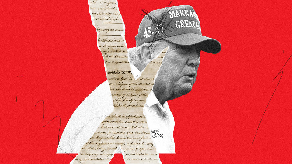 An image of Donald Trump wearing a Make America Great Again cap, with the image seemingly torn, revealing portions of the U.S. Constitution. 