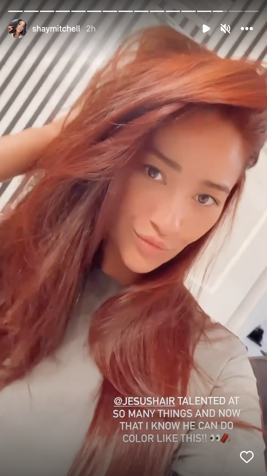 Shay Mitchell showed off her freshly-dyed vibrant red hair on her Instagram Stories. (Photo via @shaymitchell on Instagram)