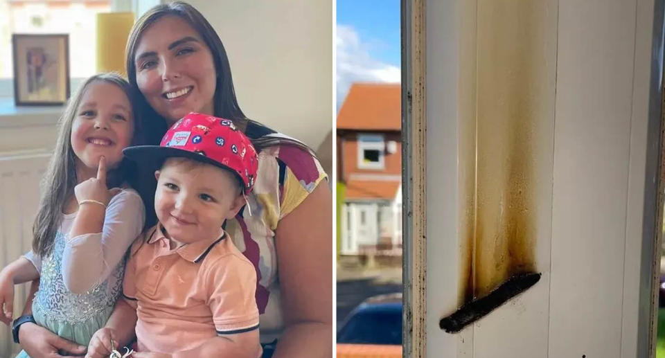 Picture of mum with two children on her lap (Left) burn marks on PVC window sill (right)