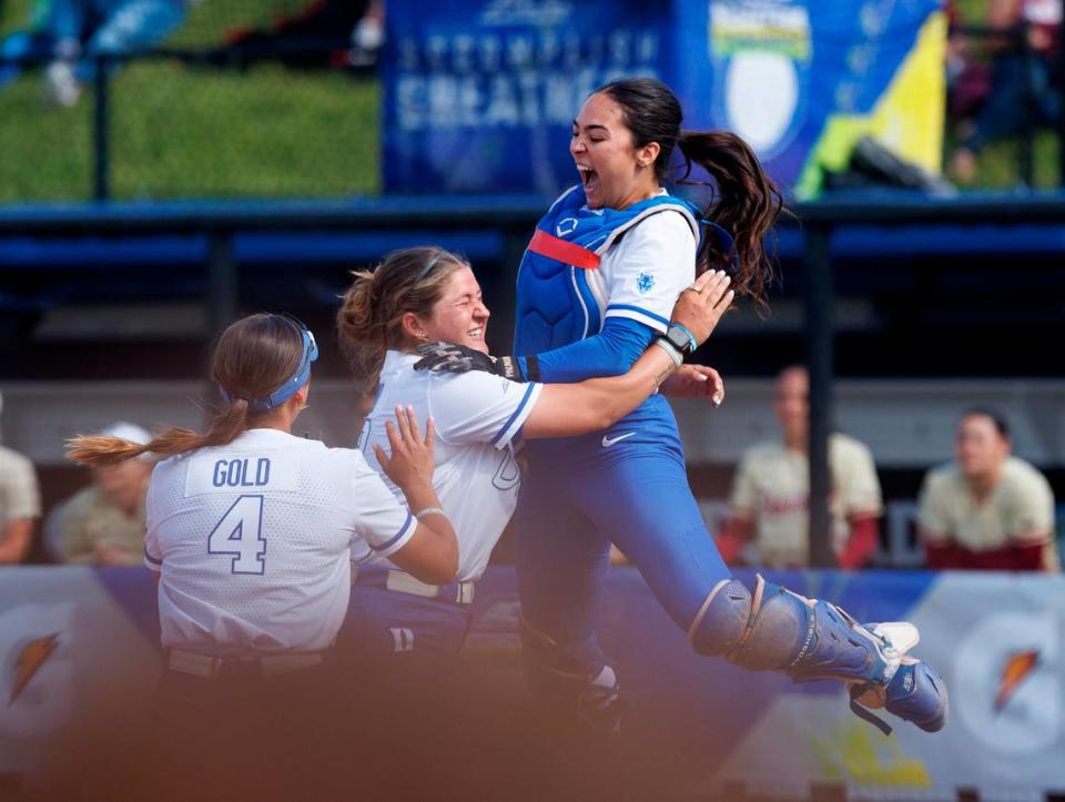 Duke’s Ana Gold, Cassidy Curd and Kelly Torres celebrate following the Blue Devils’ 6-3 win over Florida State in the ACC Tournament final on Saturday, May 11, 2024, in Durham, N.C.