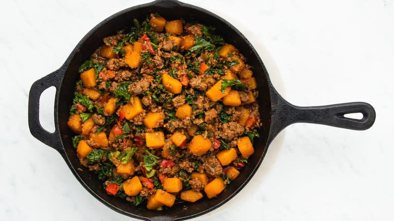 Butternut squash skillet with beef and kale