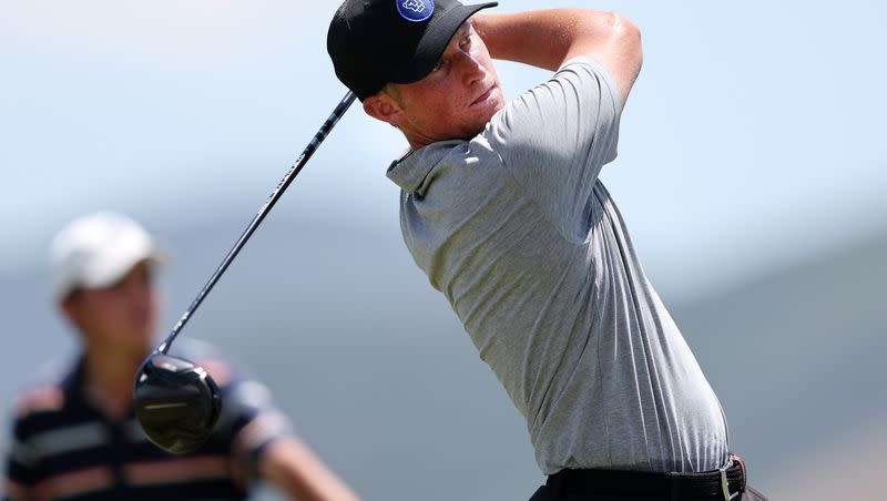 Zac Jones tees off as he and Simon Kwon play in patch play for the 124th Utah State Amateur Championship at Soldier Hollow Golf Course in Midway on Saturday, July 16, 2022. Jones won 4 and 3.